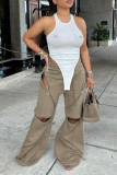 Brown Casual Solid Color Patchwork Zipper Loose Mid Waist Patchwork Bottoms