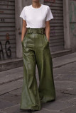 Green Daily Solid Color Pocket Patchwork Loose High Waist Wide Leg Patchwork Bottoms