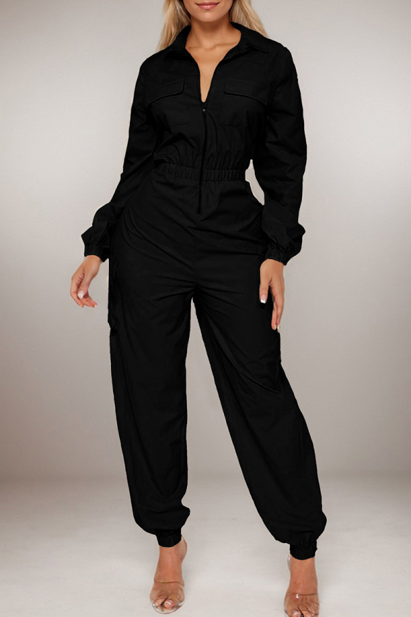 Black Casual Solid Color Patchwork Zipper Zipper Collar Regular Jumpsuits