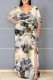 Light Purple Sexy Floral Print Lace Up Slit Contrast V Neck Printed Plus Size Dresses