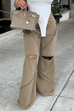 Brown Casual Solid Color Patchwork Zipper Loose Mid Waist Patchwork Bottoms