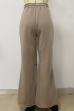 Brown Casual Solid Color Patchwork Zipper Loose Mid Waist Patchwork Bottoms