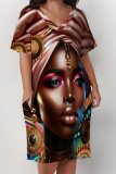 Colour Casual Street Figure Print Pocket Contrast V Neck Printed Plus Size Dresses