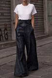 Green Daily Solid Color Pocket Patchwork Loose High Waist Wide Leg Patchwork Bottoms