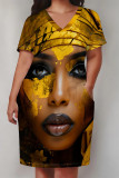 Colour Casual Street Figure Print Pocket Contrast V Neck Printed Plus Size Dresses