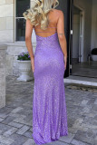 Purple Sexy Solid Color Patchwork Backless High Slit Spaghetti Strap Sling Dresses