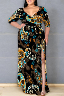 Black Sexy Floral Print Lace Up Slit Contrast V Neck Printed Plus Size Dresses