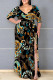 Black Sexy Floral Print Lace Up Slit Contrast V Neck Printed Plus Size Dresses