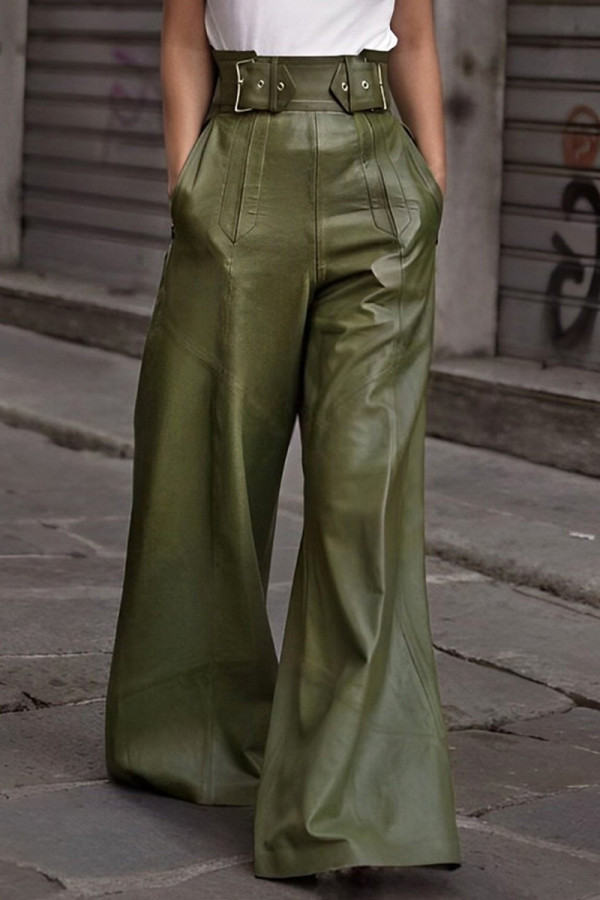 Green Daily Solid Color Pocket Patchwork Loose High Waist Wide Leg Patchwork Bottoms