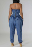 Deep Blue Casual Solid Color Pocket Patchwork Backless Strapless Loose Denim Jumpsuits