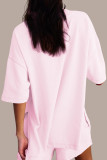 Pink Casual Solid Color Patchwork Slit O Neck Half Sleeve Two Pieces