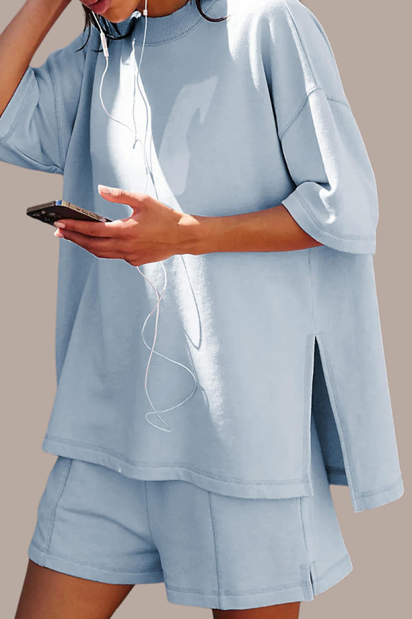 Light Blue Casual Solid Color Patchwork Slit O Neck Half Sleeve Two Pieces