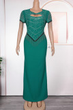 Green Elegant Solid Color Fringed Trim Hollow Out Patchwork Hot Drill Zipper O Neck Long Plus Size Dresses