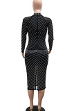 Black Elegant Solid Color Patchwork Slit Zipper O Neck Long Dresses