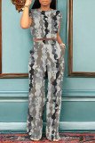 Stripe Casual Street Geometric Print Stripe Pocket Contrast O Neck Sleeveless Two Pieces