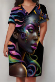 Colour Casual Street Figure Print Pocket Contrast V Neck Printed Plus Size Dresses