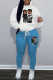 White Blue Casual Print Pocket Patchwork Hooded Long Sleeve Two Pieces