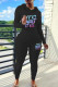 Black Casual Print Draw String Patchwork Hooded Long Sleeve Two Pieces