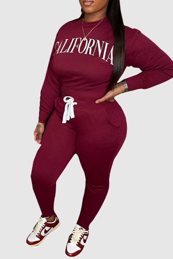 Burgundy Casual Letters Pocket Patchwork O Neck Long Sleeve Two Pieces