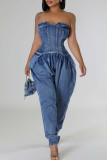 Deep Blue Casual Solid Color Pocket Patchwork Backless Strapless Loose Denim Jumpsuits