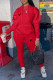 Red Casual Street Letter Print Draw String Pocket Hooded Long Sleeve Two Pieces