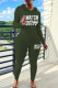 Army Green Casual Print Draw String Patchwork Hooded Long Sleeve Two Pieces