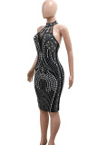 Apricot Sexy Patchwork Backless Hot Drill O Neck Wrapped Skirt Dresses