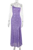 Purple Sexy Solid Color Patchwork Backless High Slit Spaghetti Strap Sling Dresses