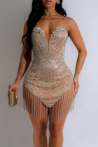 Apricot Sexy Solid Color Fringed Trim Patchwork Backless Hot Drill Spaghetti Strap Irregular Dresses