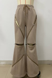 Brown Casual Solid Color Patchwork Zipper Loose Mid Waist Patchwork Bottoms