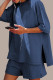 Blue Casual Solid Color Patchwork Slit O Neck Half Sleeve Two Pieces