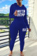 Blue Casual Print Draw String Patchwork Hooded Long Sleeve Two Pieces
