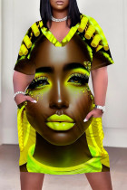 Fluorescent Yellow Casual Street Figure Print Pocket Contrast V Neck Printed Plus Size Dresses