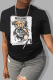 Black Casual Cartoon Print Letters O Neck T-Shirts