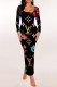 Black Gold Casual Letter Print Flowers Contrast Square Neck One Step Skirt Dresses