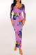 Pink Purple Casual Letter Print Flowers Contrast Square Neck One Step Skirt Dresses