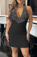 Black Sexy Solid Color Patchwork Backless Hot Drill Deep V Neck Wrapped Skirt Dresses