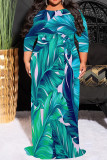 Dark Orange Casual Print Patchwork O Neck Long Plus Size Dresses