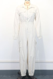 Black Casual Solid Color Patchwork Zipper Zipper Collar Regular Jumpsuits