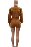 Brown Casual Solid Color Patchwork Zipper Zipper Collar Regular Rompers