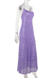 Purple Sexy Solid Color Patchwork Backless High Slit Spaghetti Strap Sling Dresses