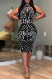 Apricot Sexy Patchwork Backless Hot Drill O Neck Wrapped Skirt Dresses