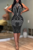 Black Sexy Patchwork Backless Hot Drill O Neck Wrapped Skirt Dresses