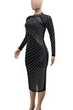 Black Elegant Solid Color Patchwork Slit Zipper O Neck Long Dresses