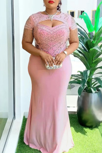 Pink Elegant Solid Color Fringed Trim Hollow Out Patchwork Hot Drill Zipper O Neck Long Plus Size Dresses