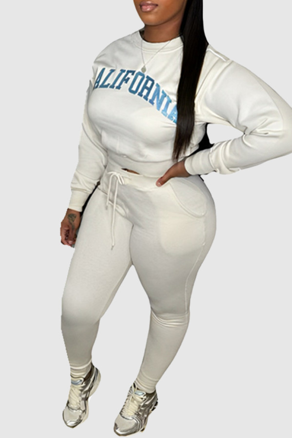 Cream White Casual Letters Pocket Patchwork O Neck Long Sleeve Two Pieces