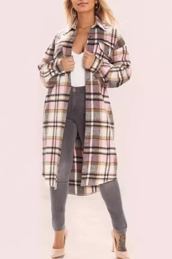 Brown Casual Plaid Buckle Patchwork Turndown Collar Outerwear