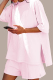 Pink Casual Solid Color Patchwork Slit O Neck Half Sleeve Two Pieces