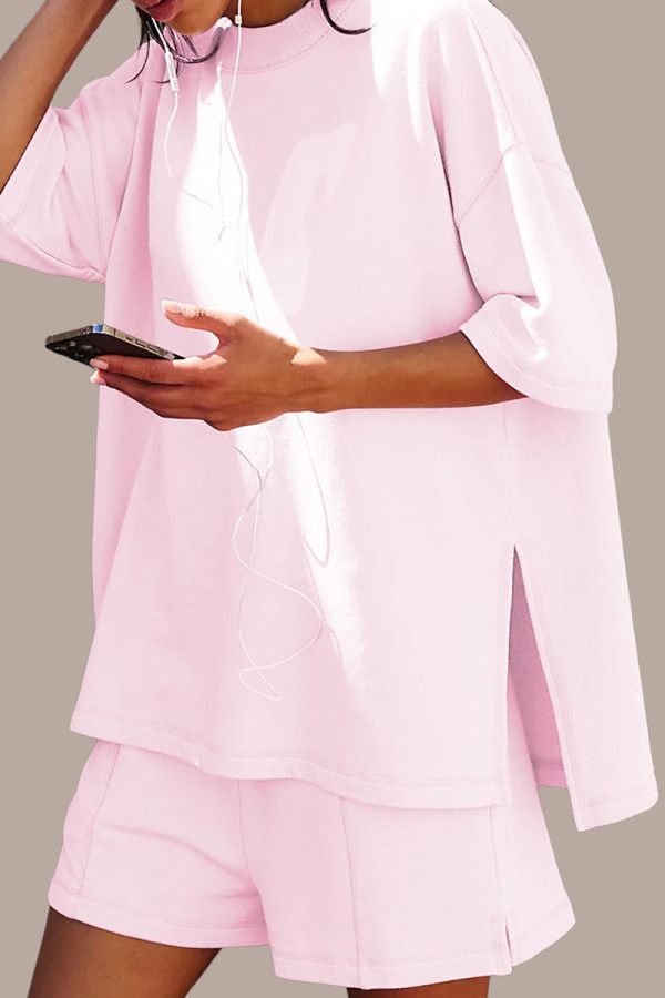 Pink Casual Solid Color Patchwork Slit O Neck Half Sleeve Two Pieces