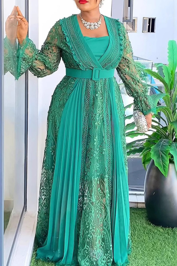 Green Elegant Solid Color Patchwork See-Through With Belt V Neck Plus Size Two Pieces